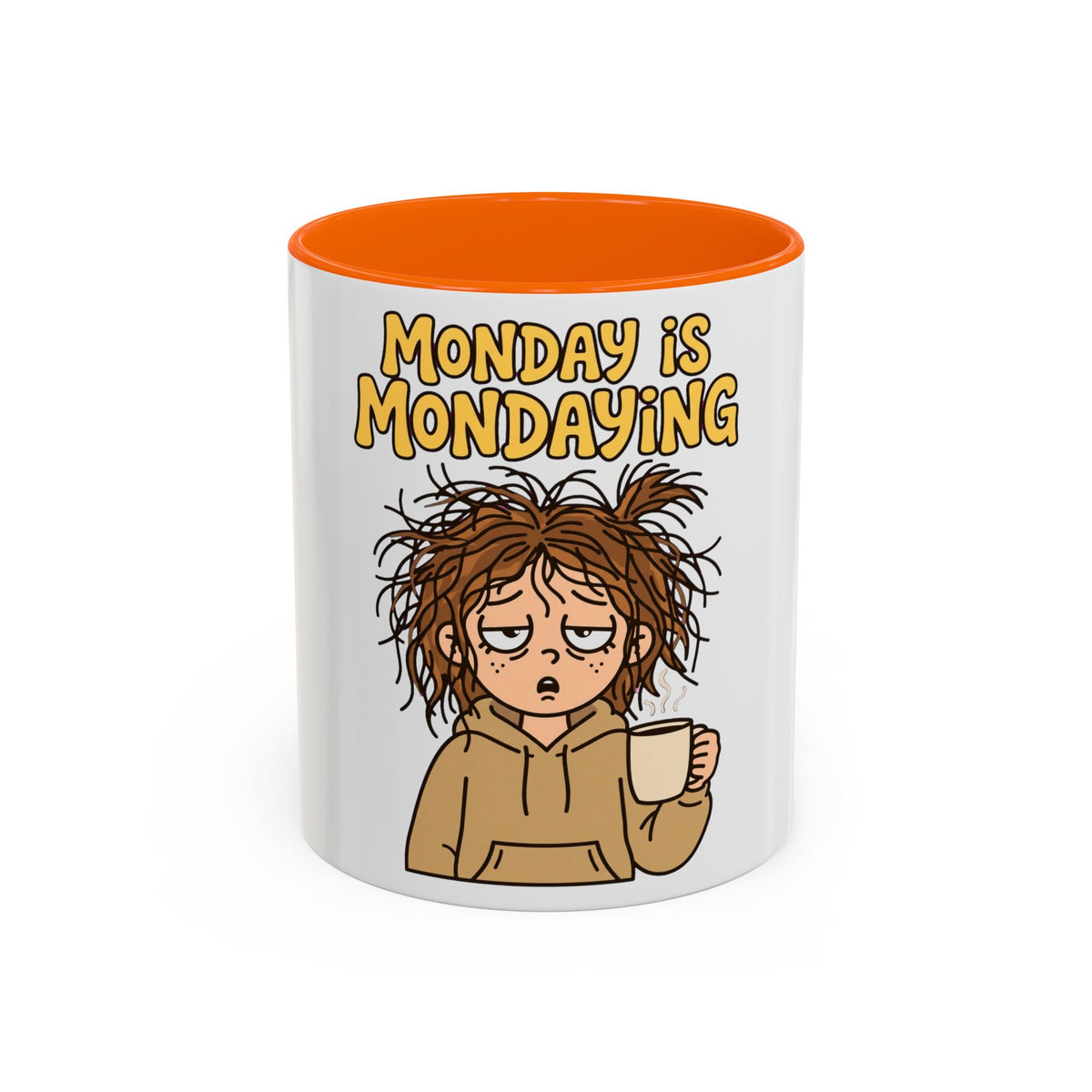 Monday Is Mondaying coffee mug | tired cartoon woman, messy hair, 11oz 15oz accent mug