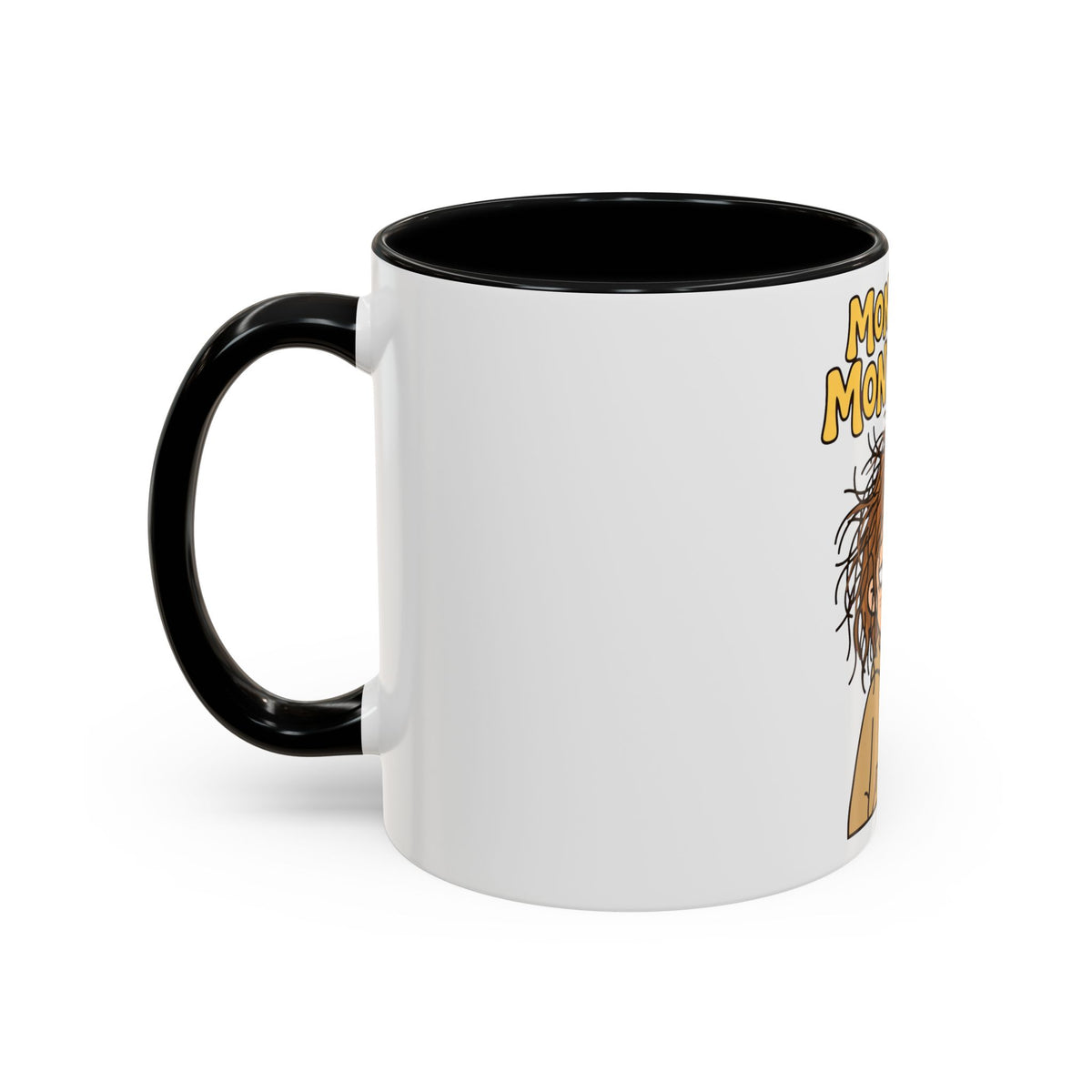 Monday Is Mondaying coffee mug | tired cartoon woman, messy hair, 11oz 15oz accent mug