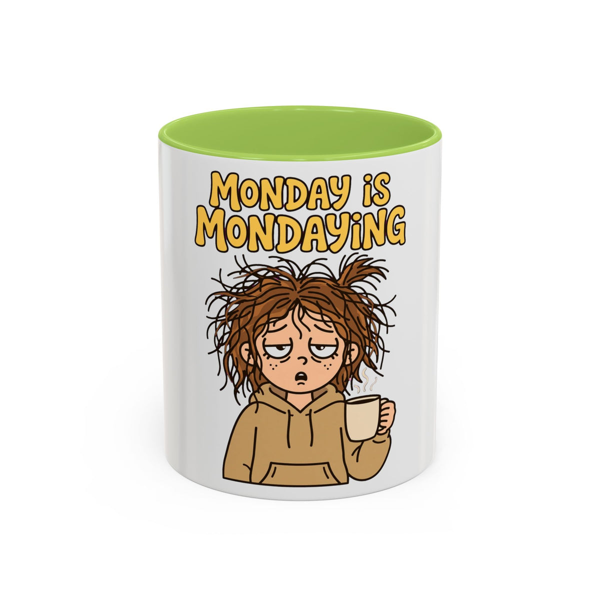 Monday Is Mondaying coffee mug | tired cartoon woman, messy hair, 11oz 15oz accent mug
