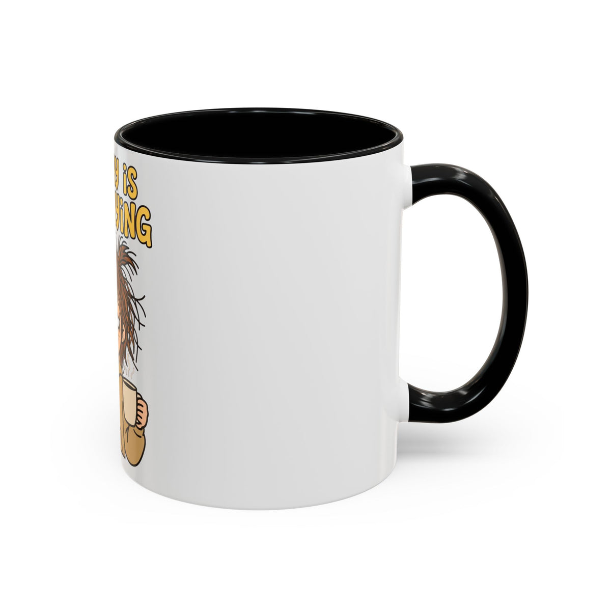 Monday Is Mondaying coffee mug | tired cartoon woman, messy hair, 11oz 15oz accent mug